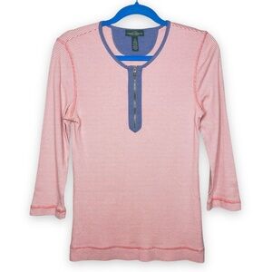 Lauren Ralph Lauren Size M Orange White Stripe 1/4 Zip Denim Trim Light Knit Top